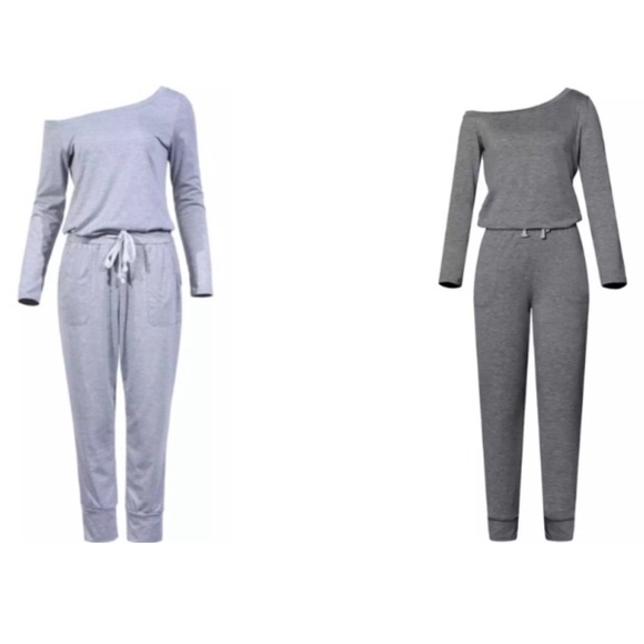 NEW Gray Comfy Off Shoulder Drawstring Jumpsuit - Picture 3 of 3